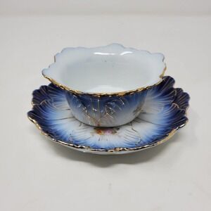37. Antique Victoria LS&S Carlsbad Austria Flow Blue Bowl Ramekin and Saucer Set
